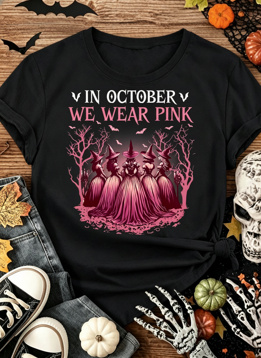 'In October We Wear Pink' Witch Graphic T-Shirt