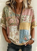 Patchwork Floral Embroidered Scoop Neck Top