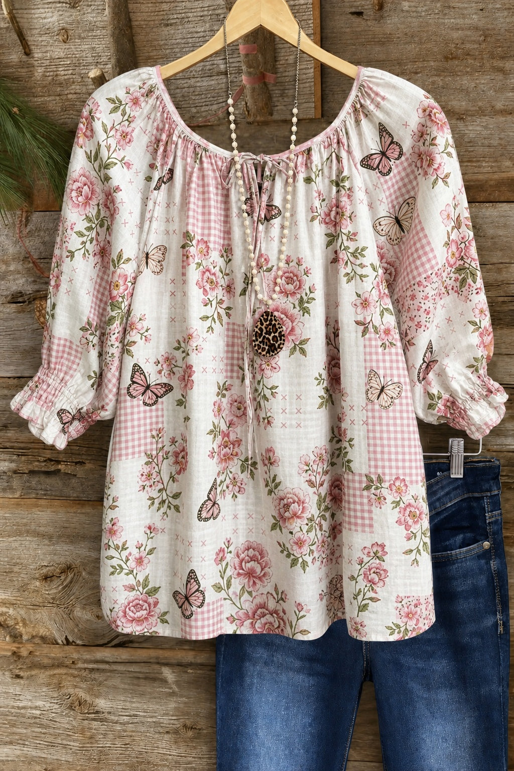 Butterfly And Floral Gingham Peasant Blouse