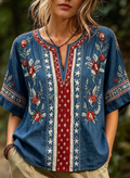 Western Star And Floral Embroidered V-Neck Top