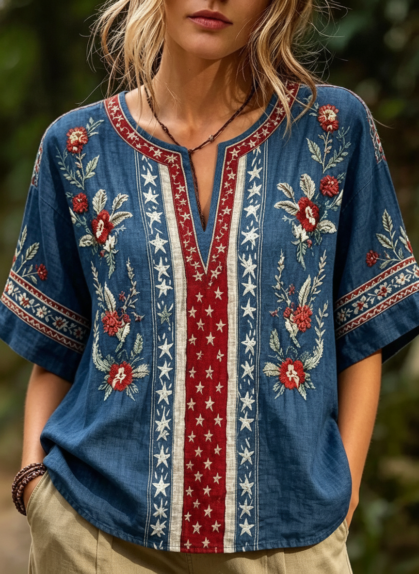 Western Star And Floral Embroidered V-Neck Top