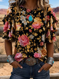 Black Floral Print Layered Ruffle Sleeve Top