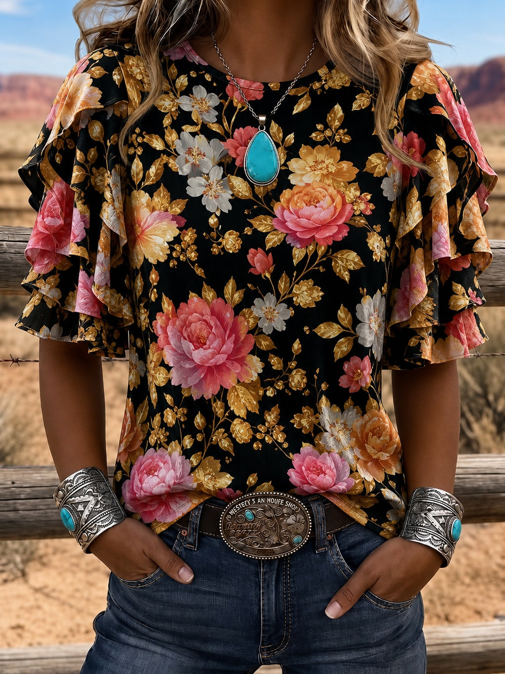 Black Floral Print Layered Ruffle Sleeve Top