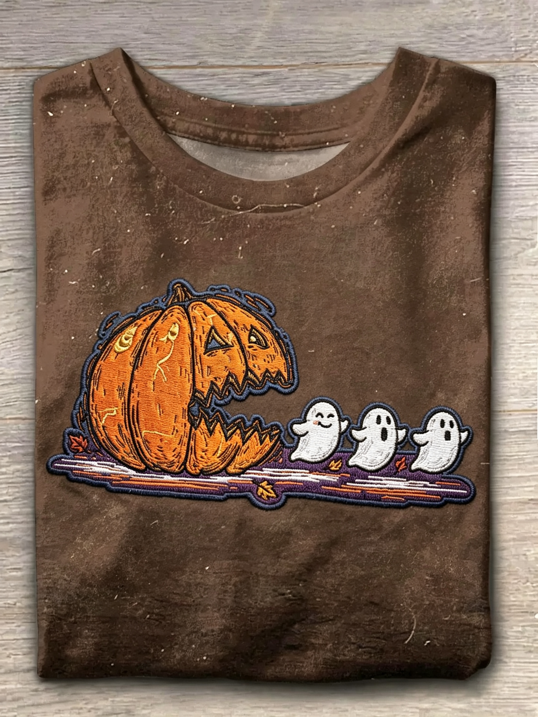 Embroidered Pumpkin Ghost Halloween Graphic Tee