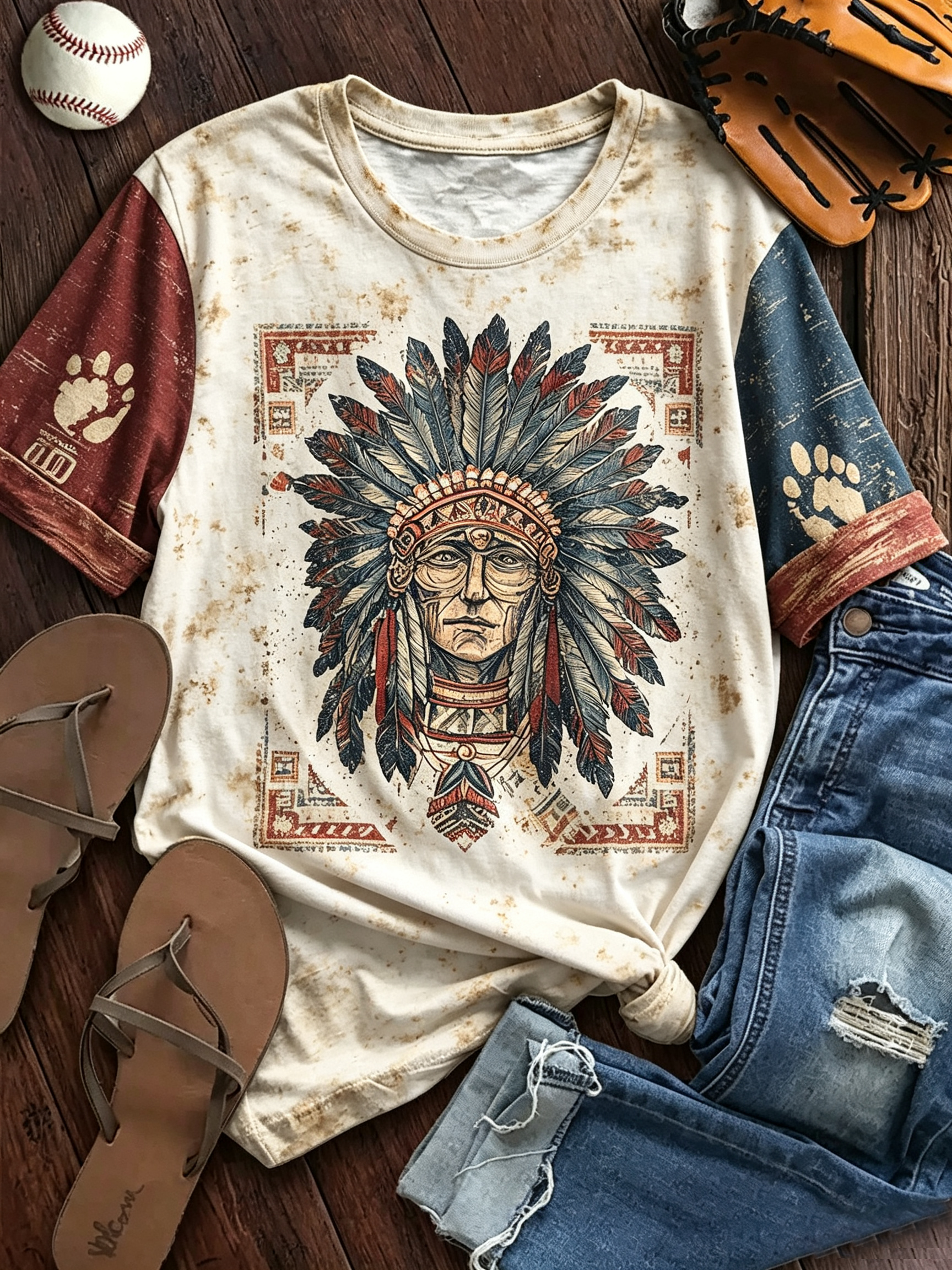 Native American Headdress Color-Block Raglan Tee