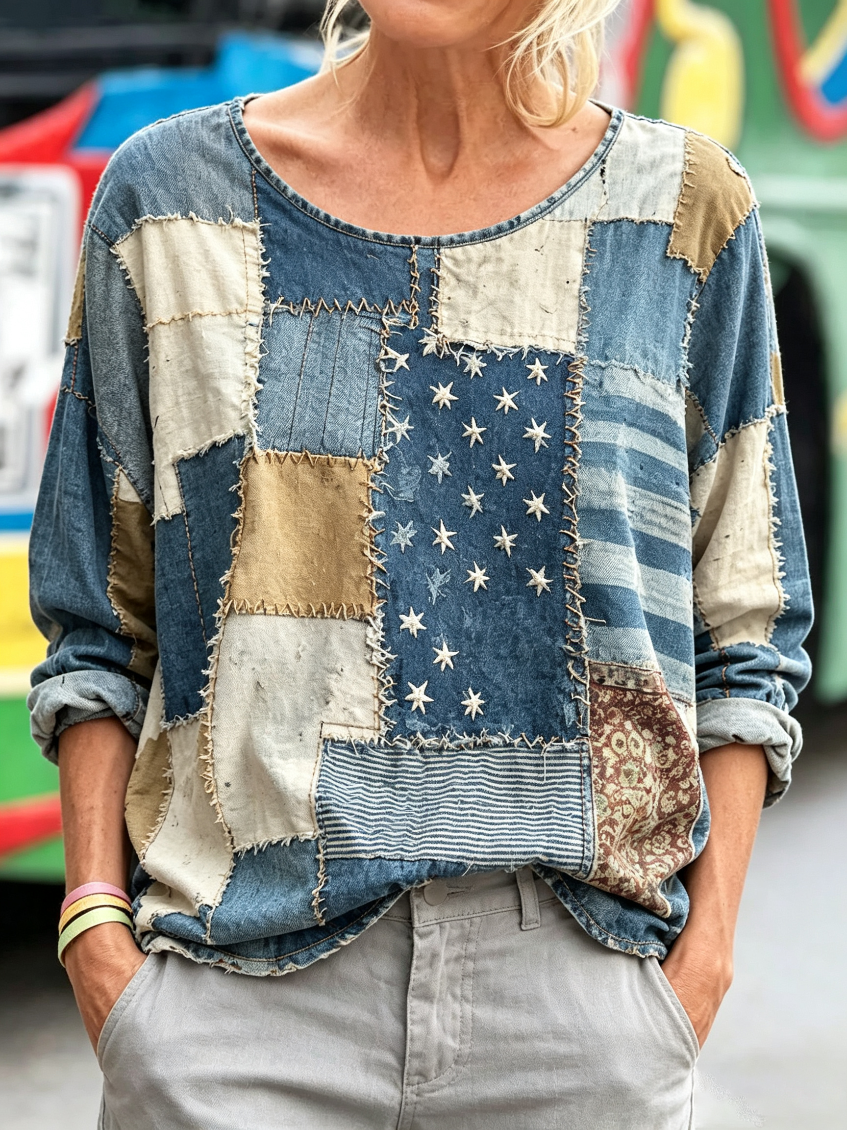 Raw Edge Star Patchwork Denim Top