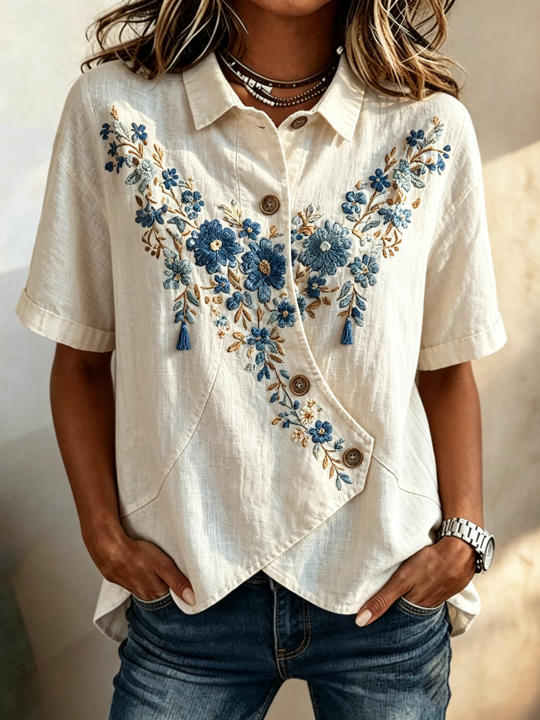 Asymmetric Hem Floral Embroidered Button-Up Shirt