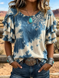 Tie-Dye Floral Embroidered Ruffle Sleeve Top