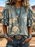 Vintage Floral Print Layered Ruffle Sleeve Top