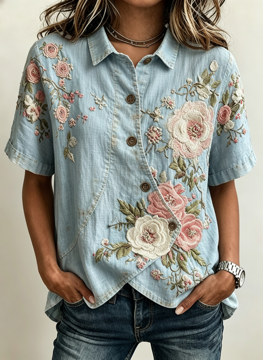 Pink Floral Embroidered Asymmetric Hem Shirt