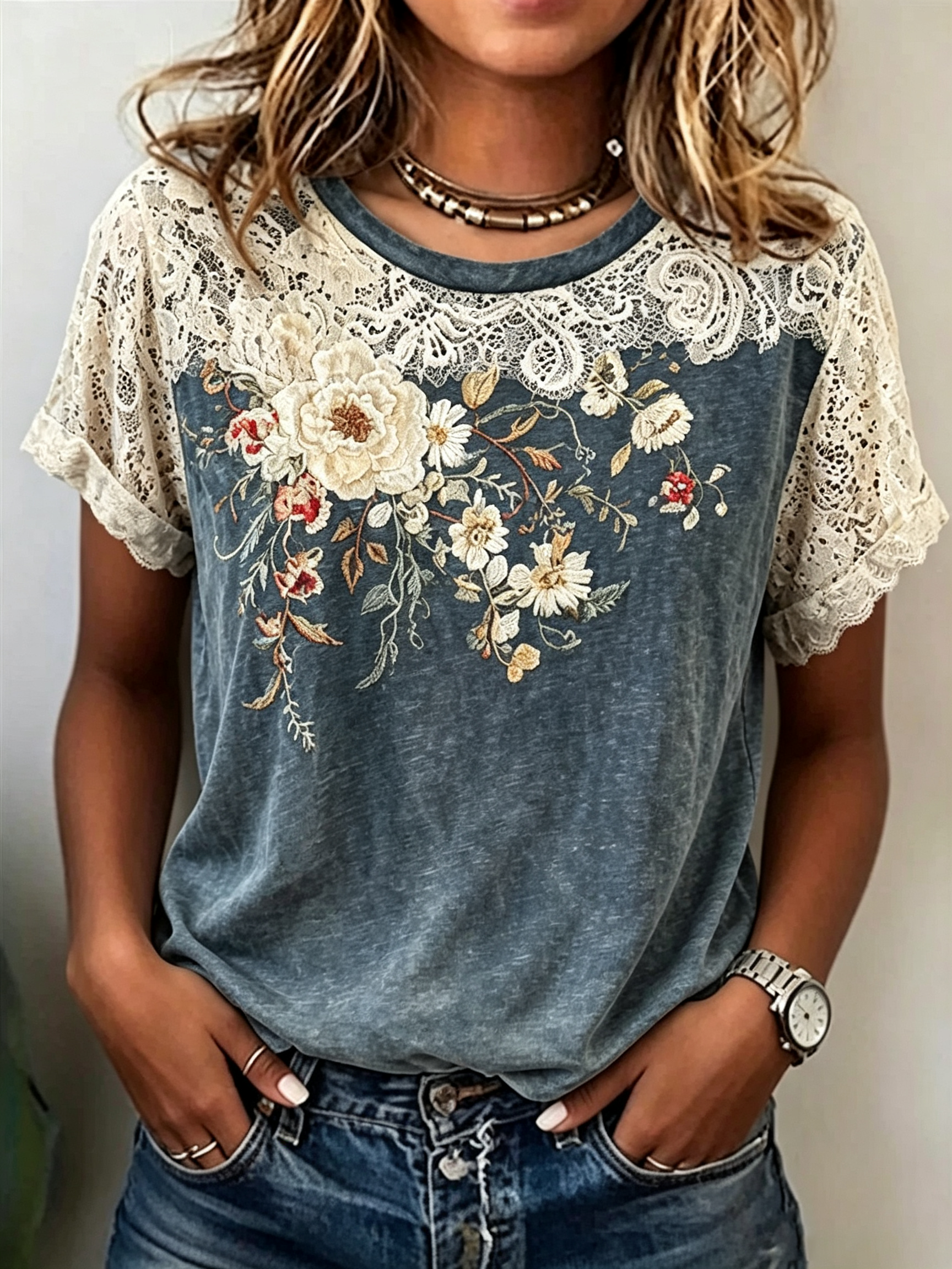Lace Sleeve Embroidered Floral Knot Hem T-Shirt