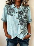 Light Blue Black Floral Baroque Print Asymmetric Shirt