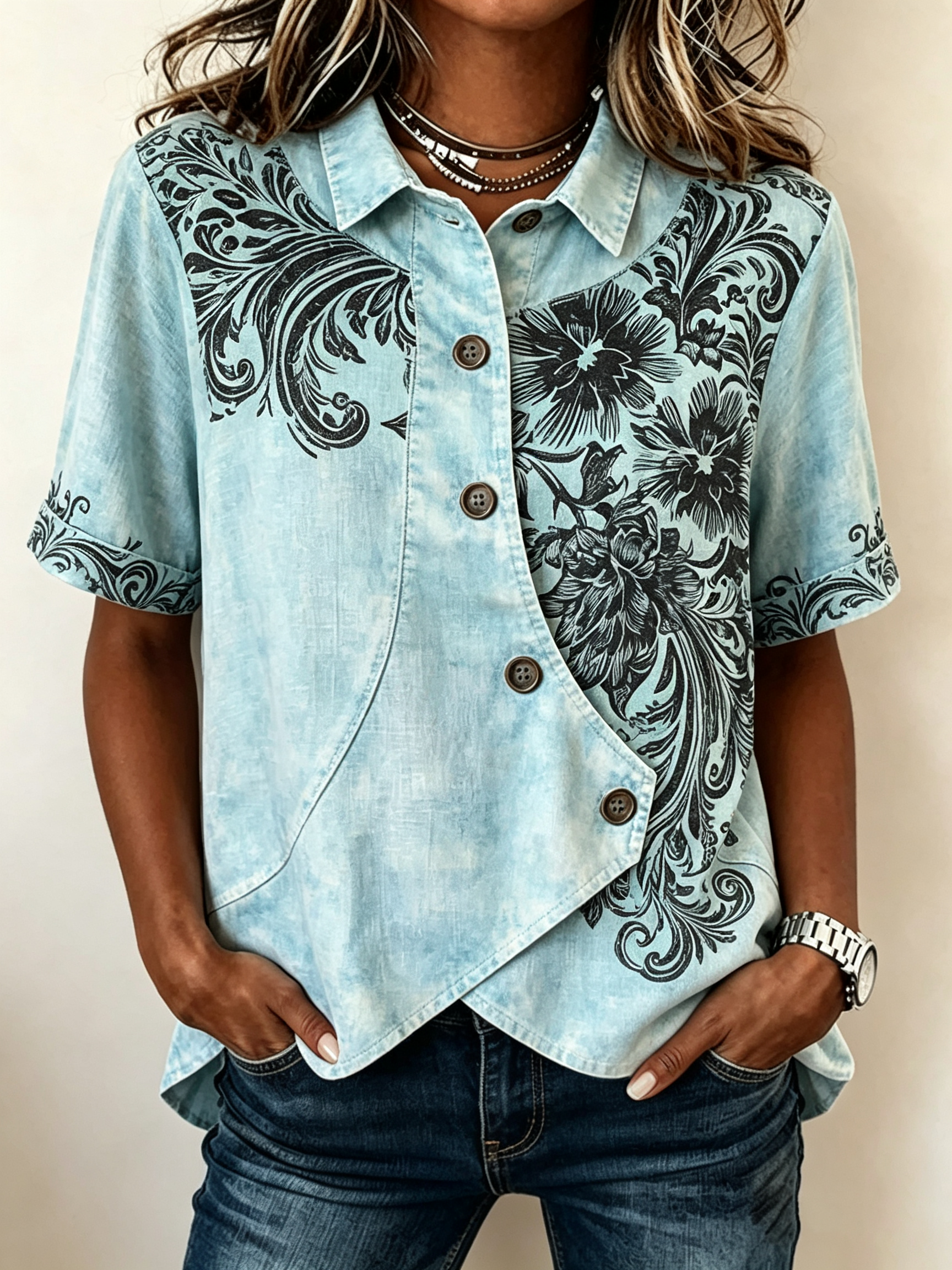 Light Blue Black Floral Baroque Print Asymmetric Shirt