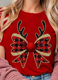 Red Christmas Plaid Reindeer Bow Graphic T-Shirt