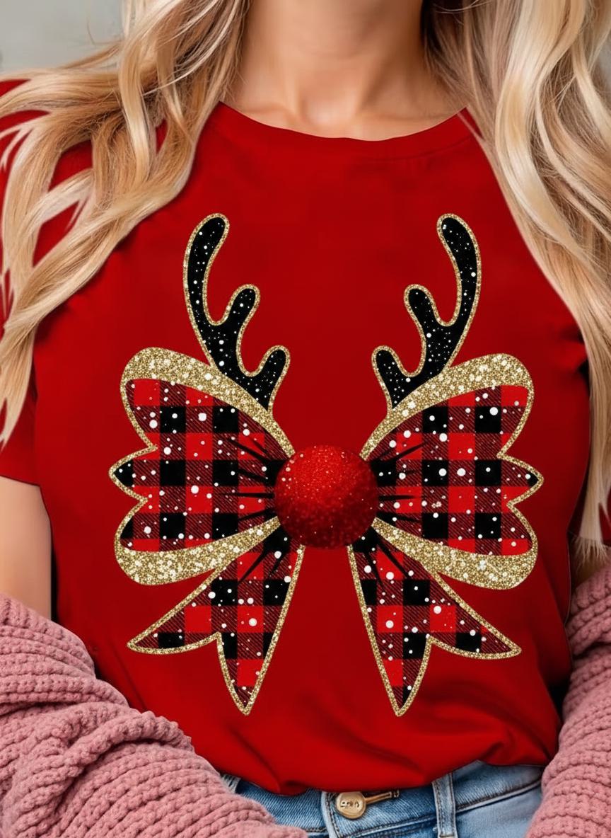 Red Christmas Plaid Reindeer Bow Graphic T-Shirt