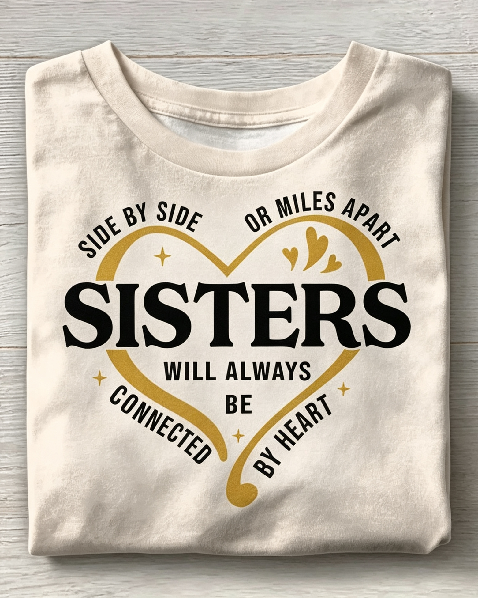 Beige Sisters Heart Quote Print Crew Neck T-Shirt