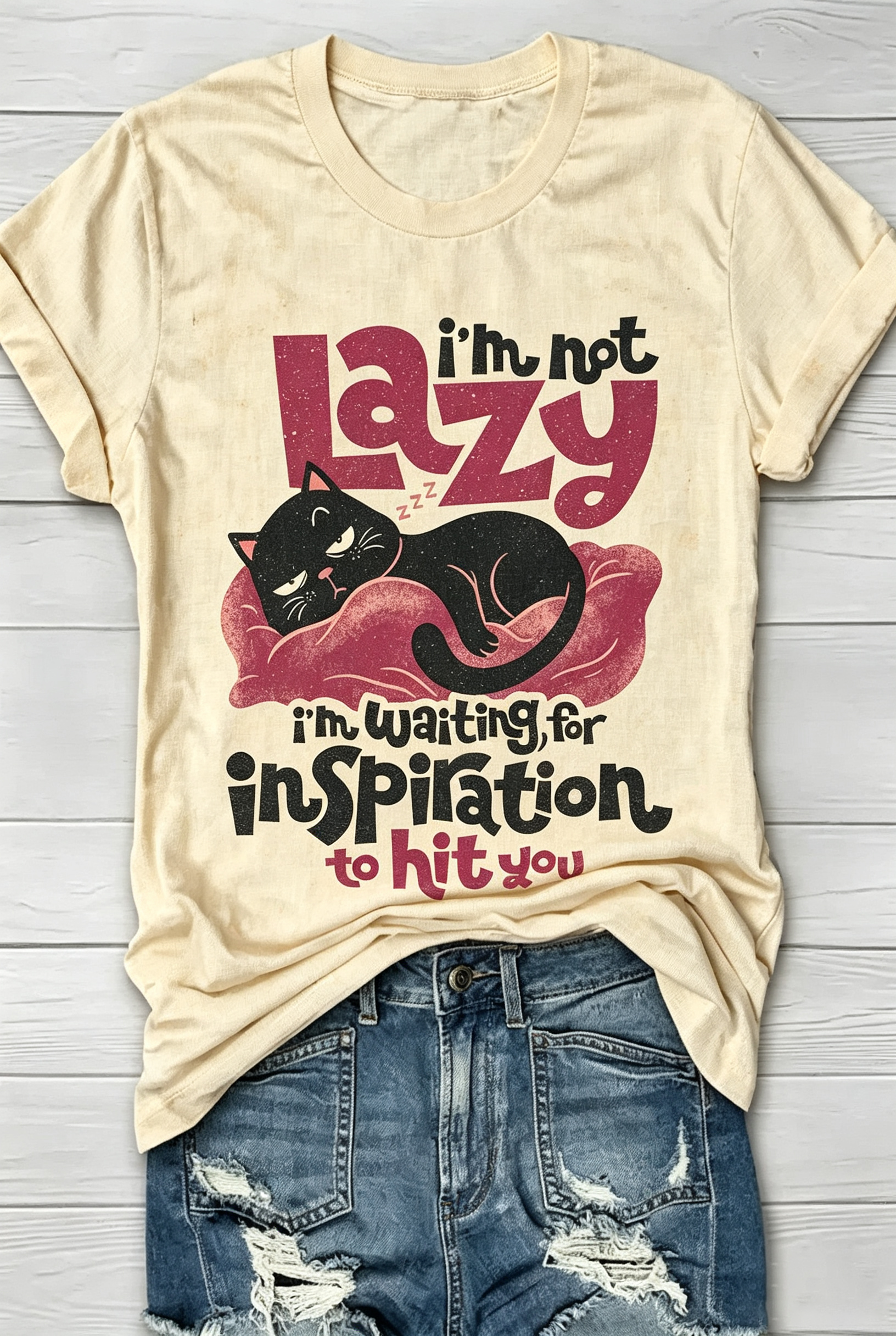 Beige Lazy Cat Quote Vintage Print Short Sleeve T-Shirt