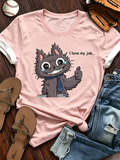 Pink Cartoon Office Cat I Love My Job Graphic Ringer T-Shirt