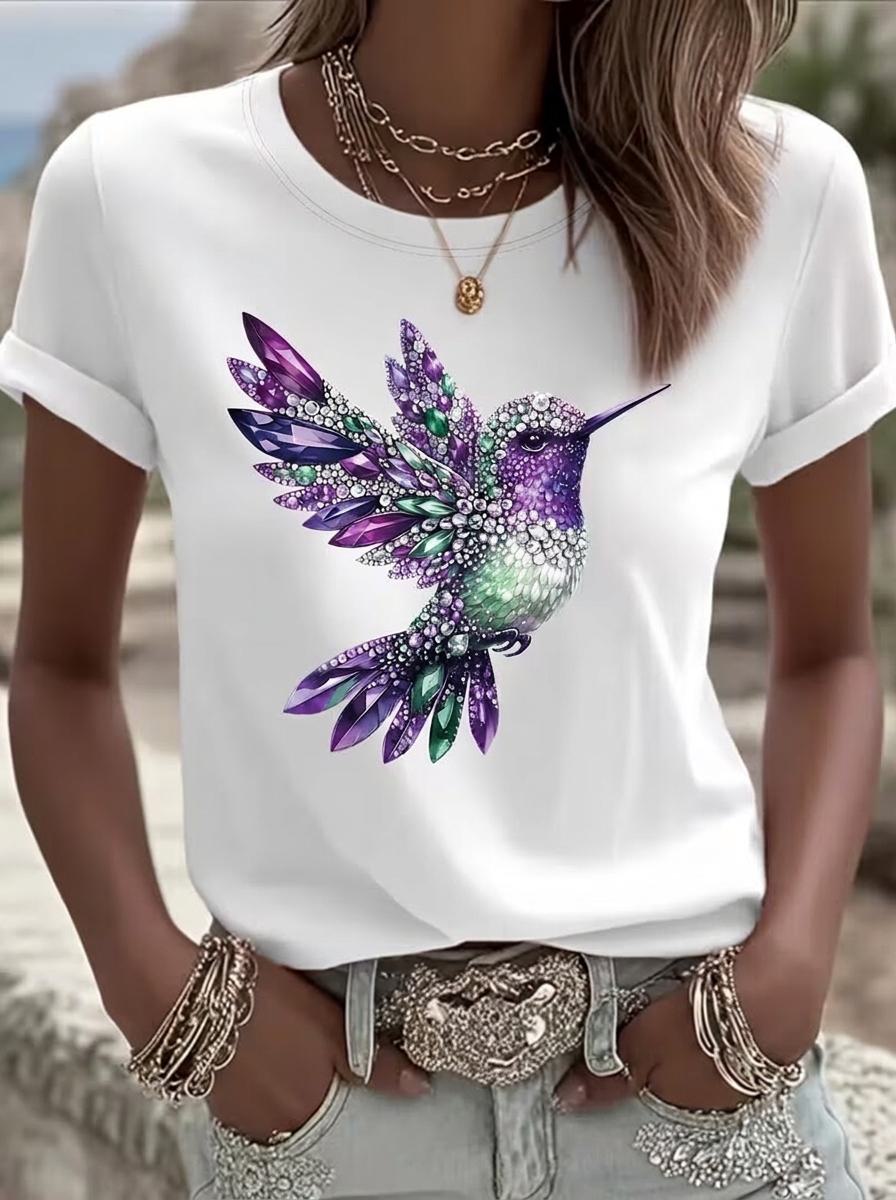 White Purple Crystal Hummingbird Print Crew Neck T-Shirt