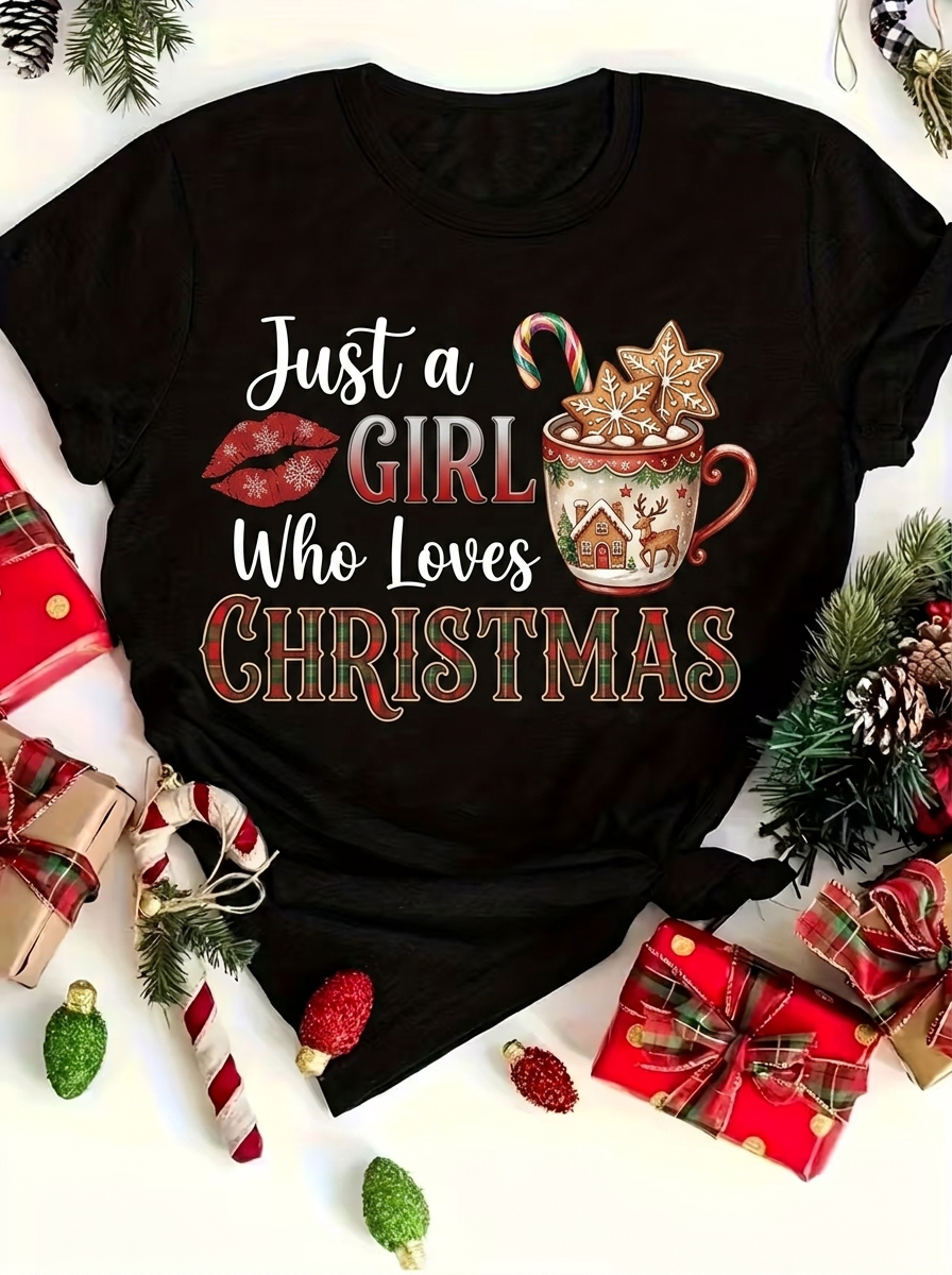 Black Just A Girl Loves Christmas Gingerbread Mug Graphic T-Shirt