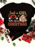 Black Just A Girl Loves Christmas Heart Hand Ornament Graphic T-Shirt
