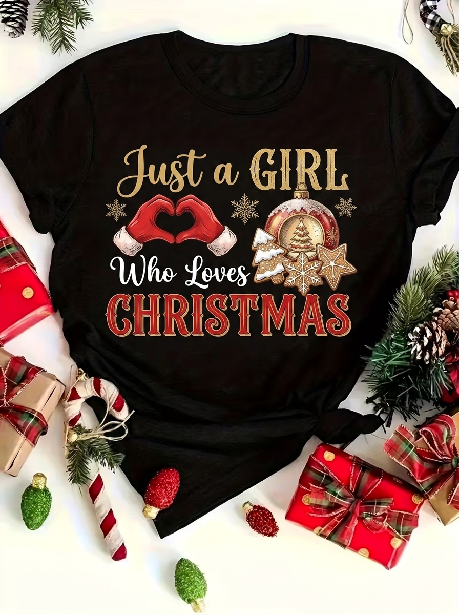Black Just A Girl Loves Christmas Heart Hand Ornament Graphic T-Shirt