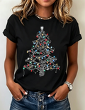 Black Christmas Light String Tree Graphic Crew Neck T-Shirt