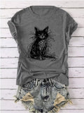 Gray Abstract Line Sketch Black Cat Crew Neck T-Shirt