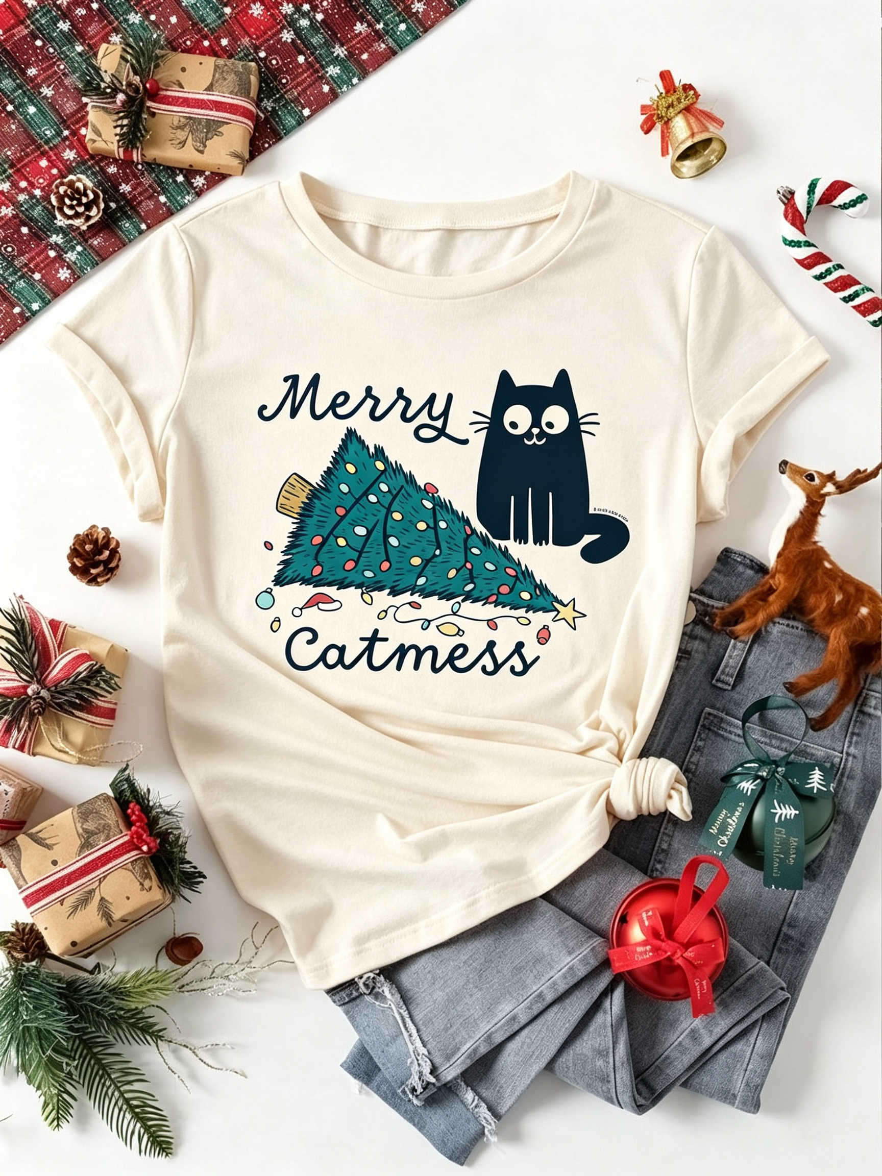 Beige Merry Catmess Christmas Cat Tree Graphic T-Shirt