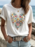 White Colorful Floral Embroidery Heart Print Crew Neck T-Shirt