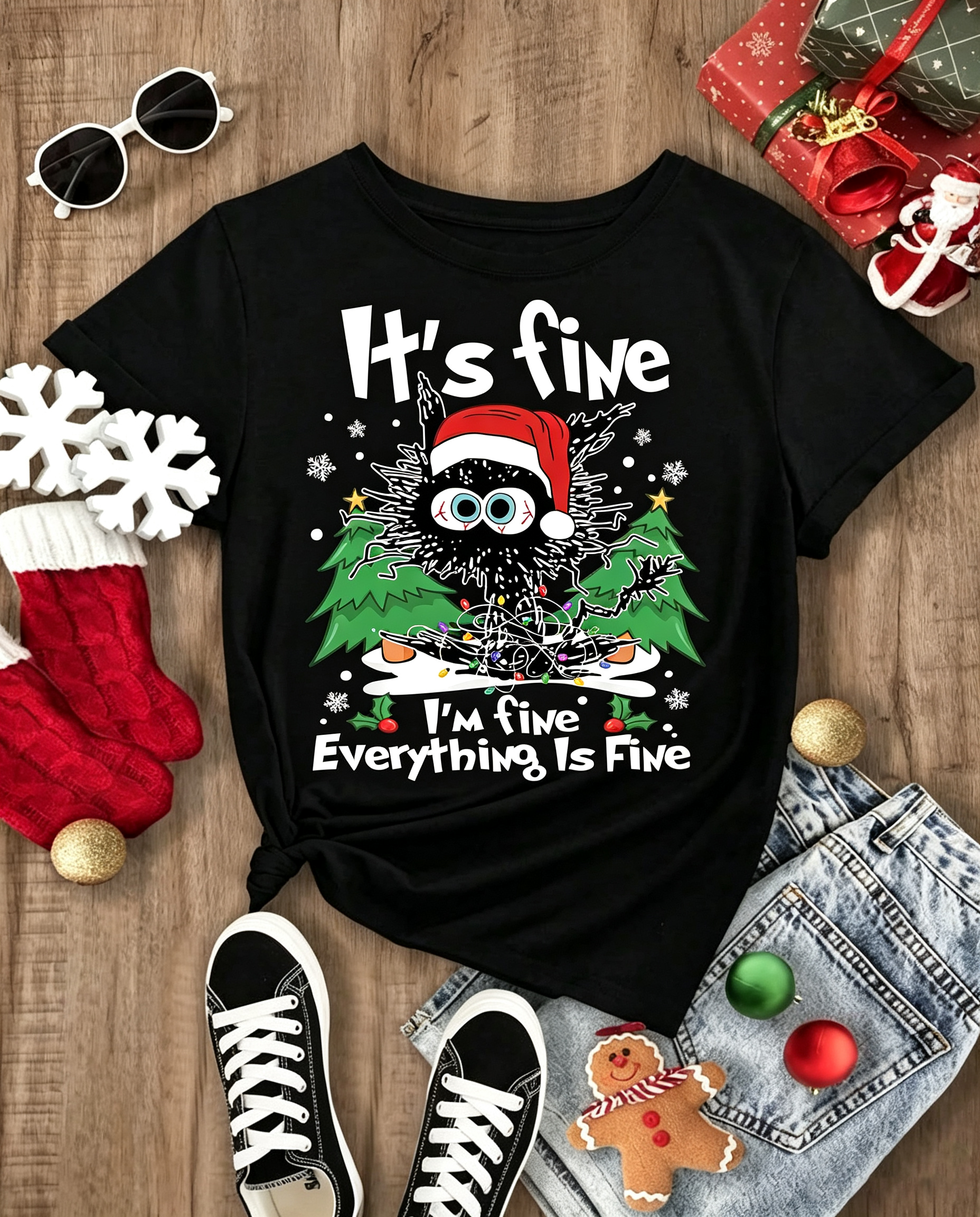 Black It's Fine Everything Is Fine Christmas Cat Slogan T-Shirt