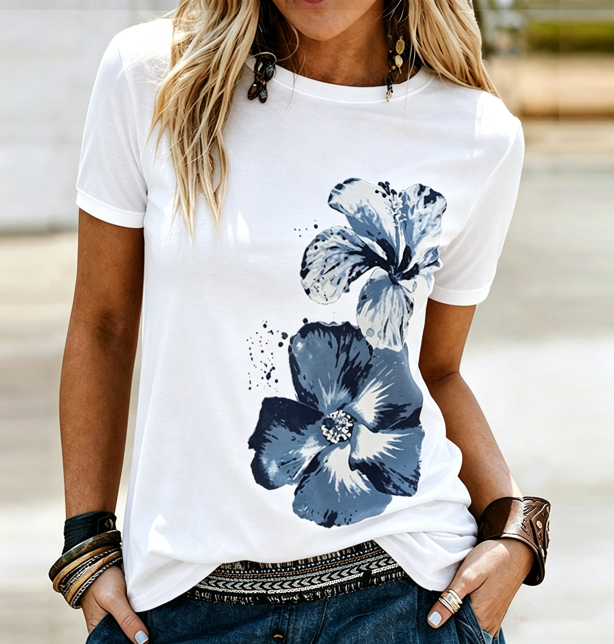 White Blue Ink Wash Hibiscus Floral Crew Neck T-Shirt