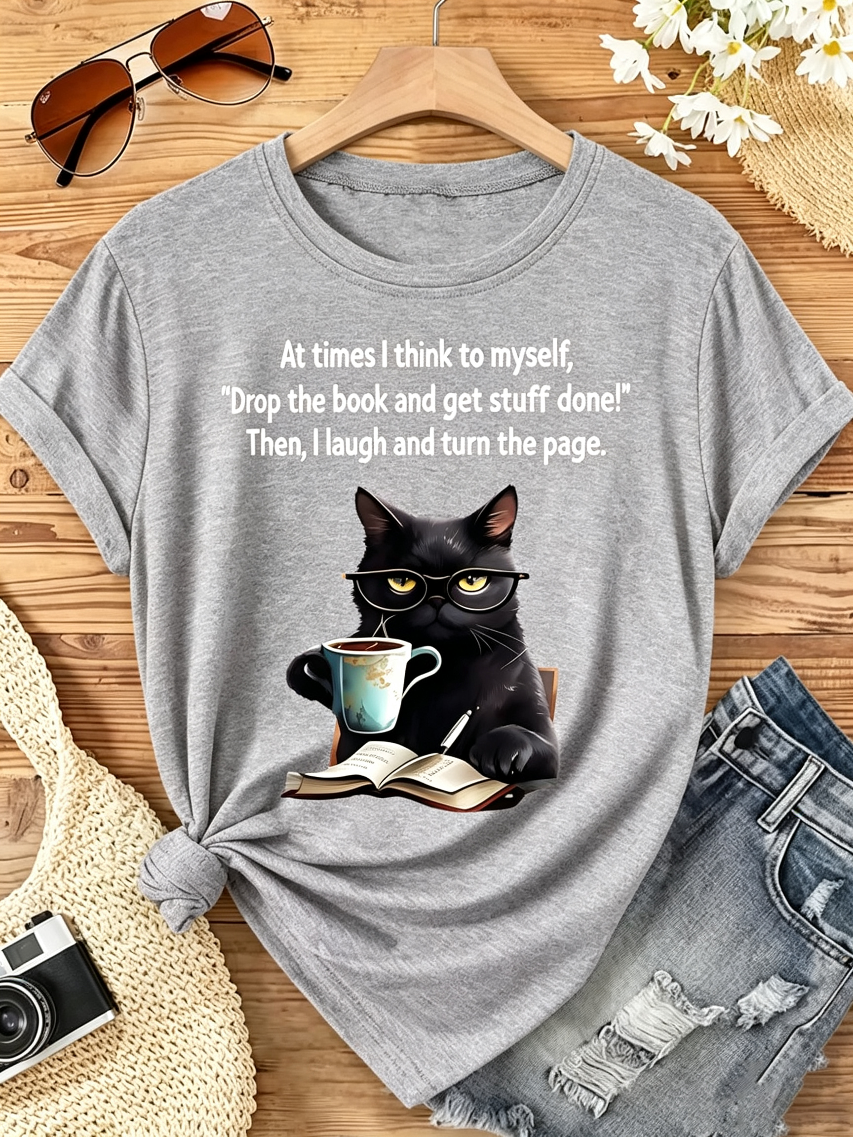 Gray Book Lover Black Cat Reading Quote Crew Neck T-Shirt
