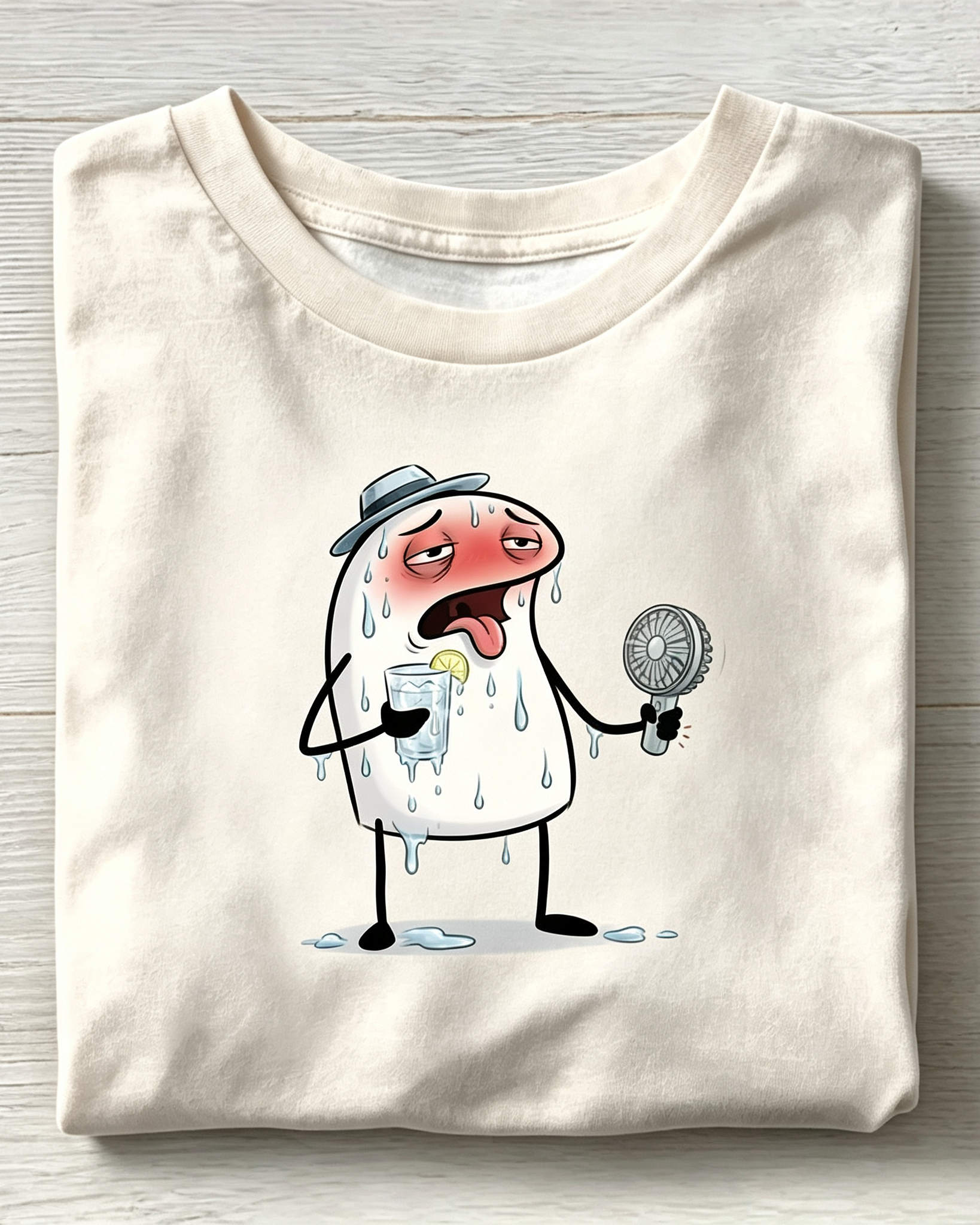 Beige Sweaty Hot Cartoon Character Fan Drink Graphic T-Shirt
