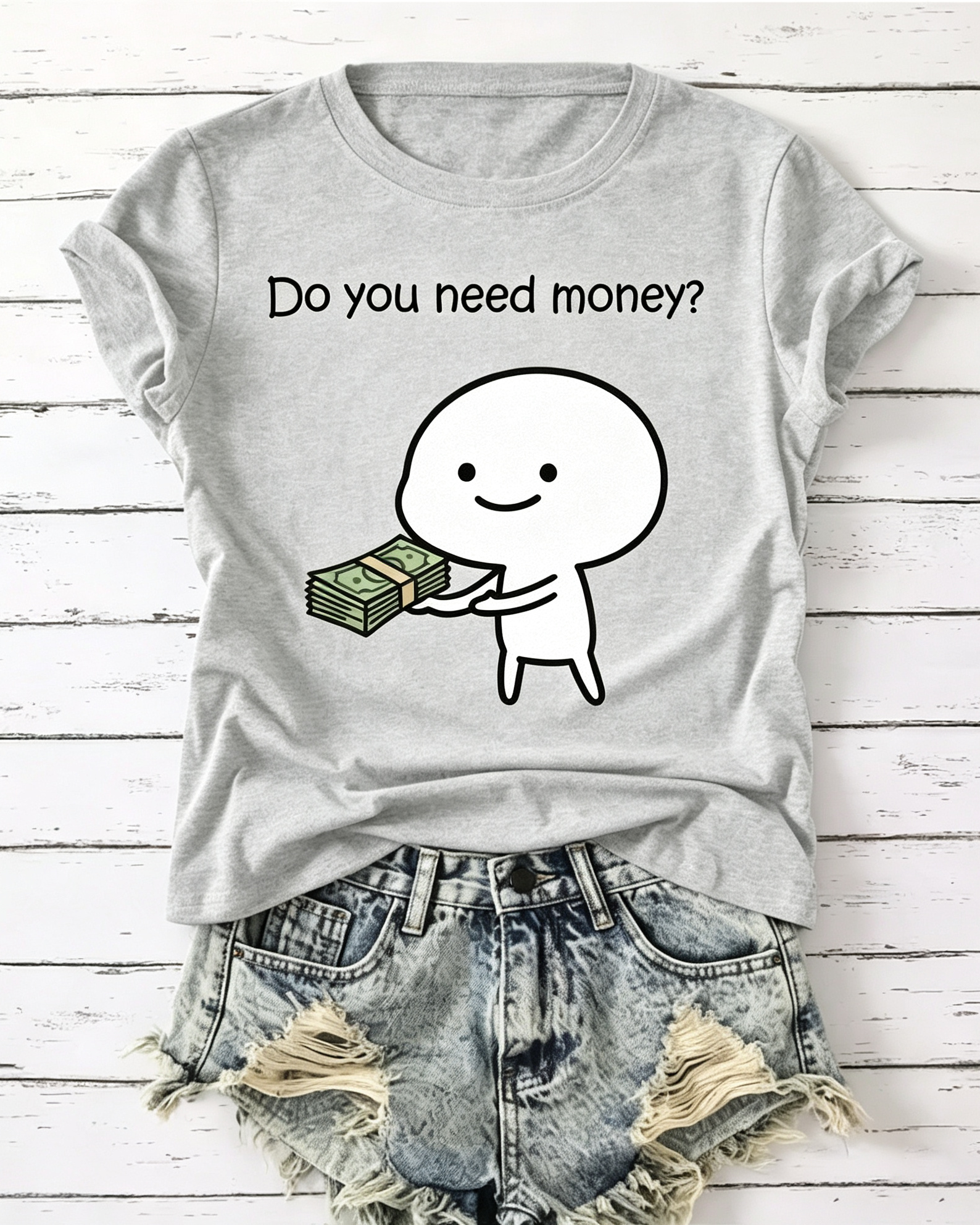 Gray Do You Need Money Cartoon Stick Figure Cash Graphic T-Shirt
