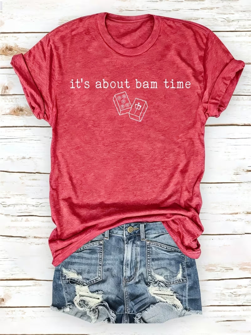 Red Heather It's About Bam Time Mahjong Tile Slogan Crew Neck T-Shirt