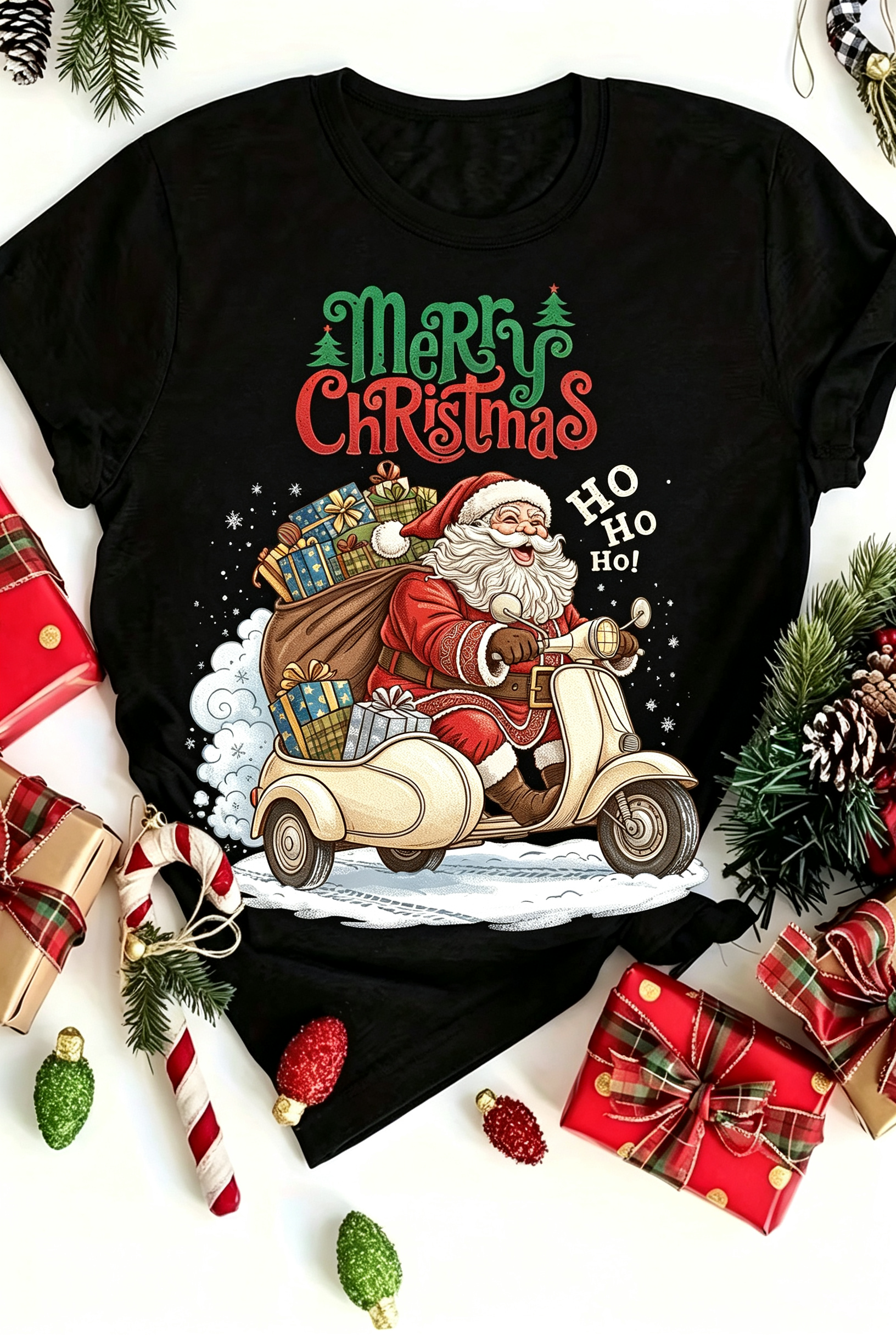 Black Merry Christmas Santa Scooter Gift Slogan Crew Neck T-Shirt