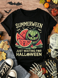 Black Summerween Watermelon Pumpkin Bat Halloween Crew Neck T-Shirt