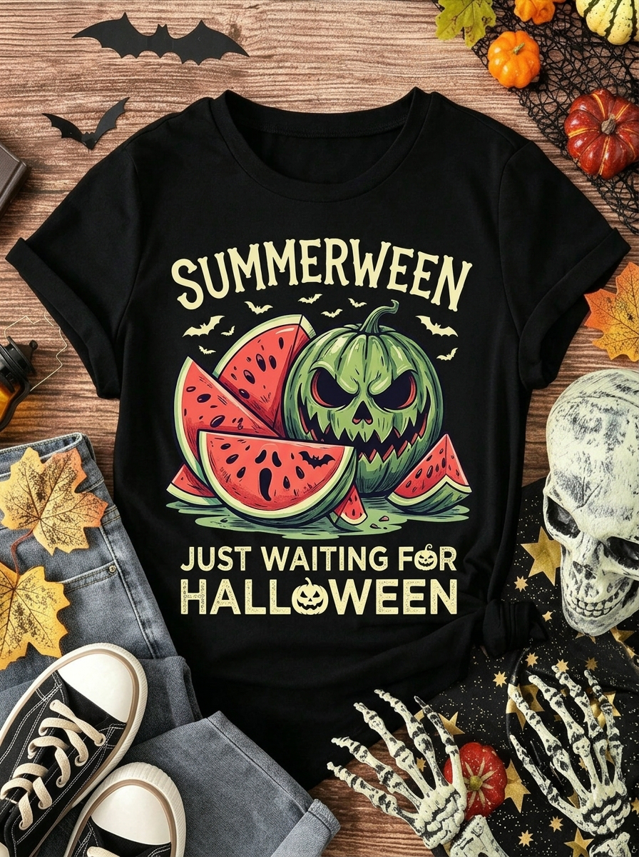 Black Summerween Watermelon Pumpkin Bat Halloween Crew Neck T-Shirt