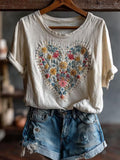 OffWhite Multicolor Floral Embroidery Heart Crew Neck T-Shirt