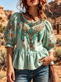 Mint Green Western Floral Beaded Embroidery Print Puff Sleeve Shirt
