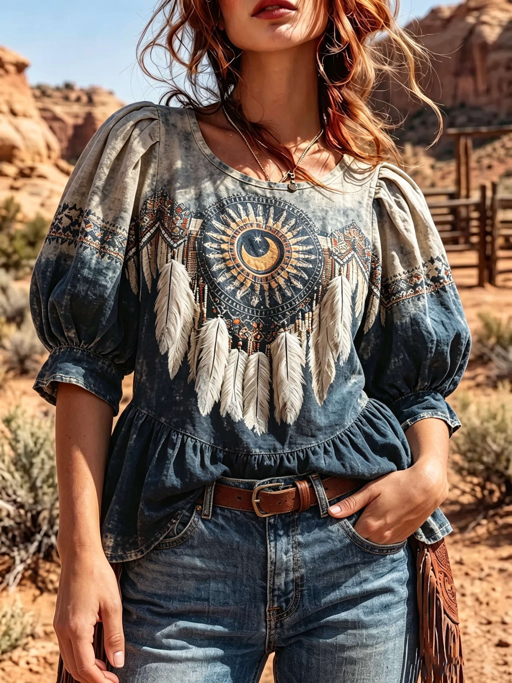 WashDenim Western Moon Feather Print Puff Sleeve Peplum Blouse