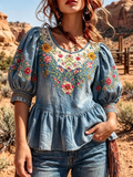 LightDenim Multicolor Floral Embroidery Puff Sleeve Peplum Blouse
