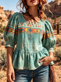 MintGreen Western Geometric Tribal Print Puff Sleeve Peplum Blouse