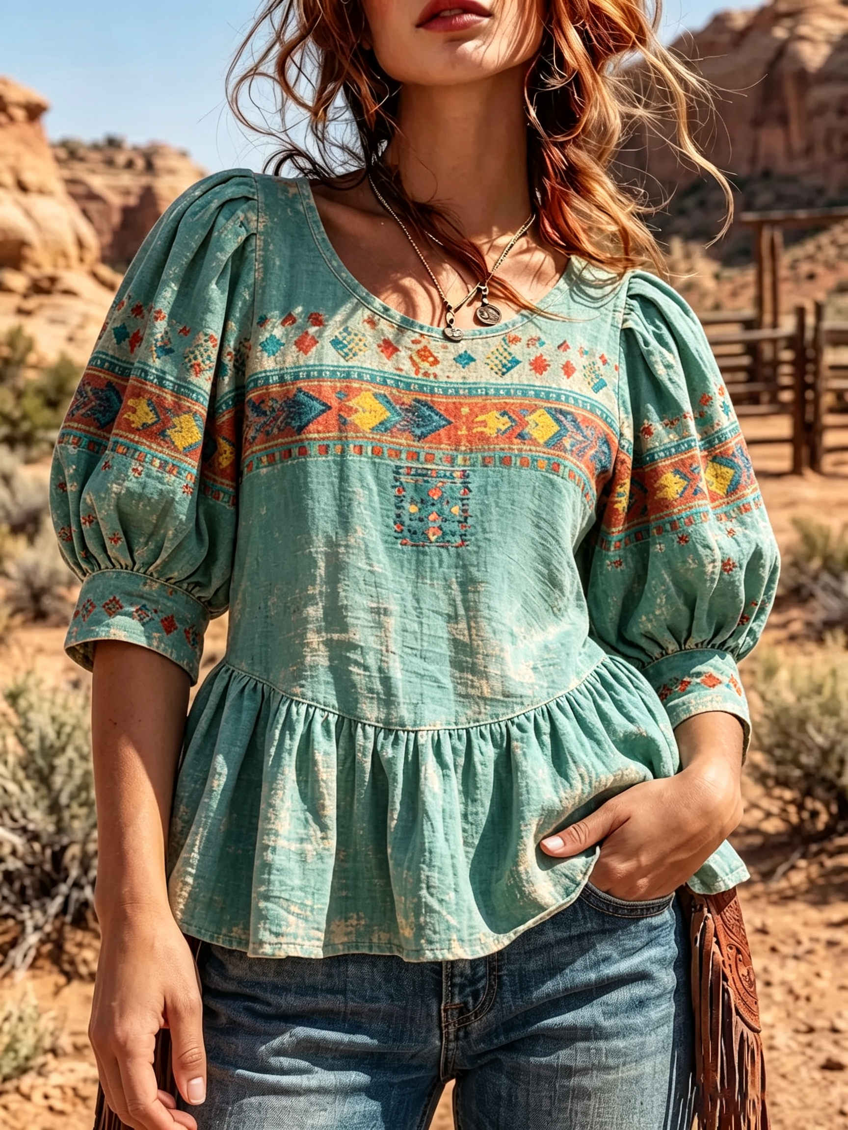 MintGreen Western Geometric Tribal Print Puff Sleeve Peplum Blouse