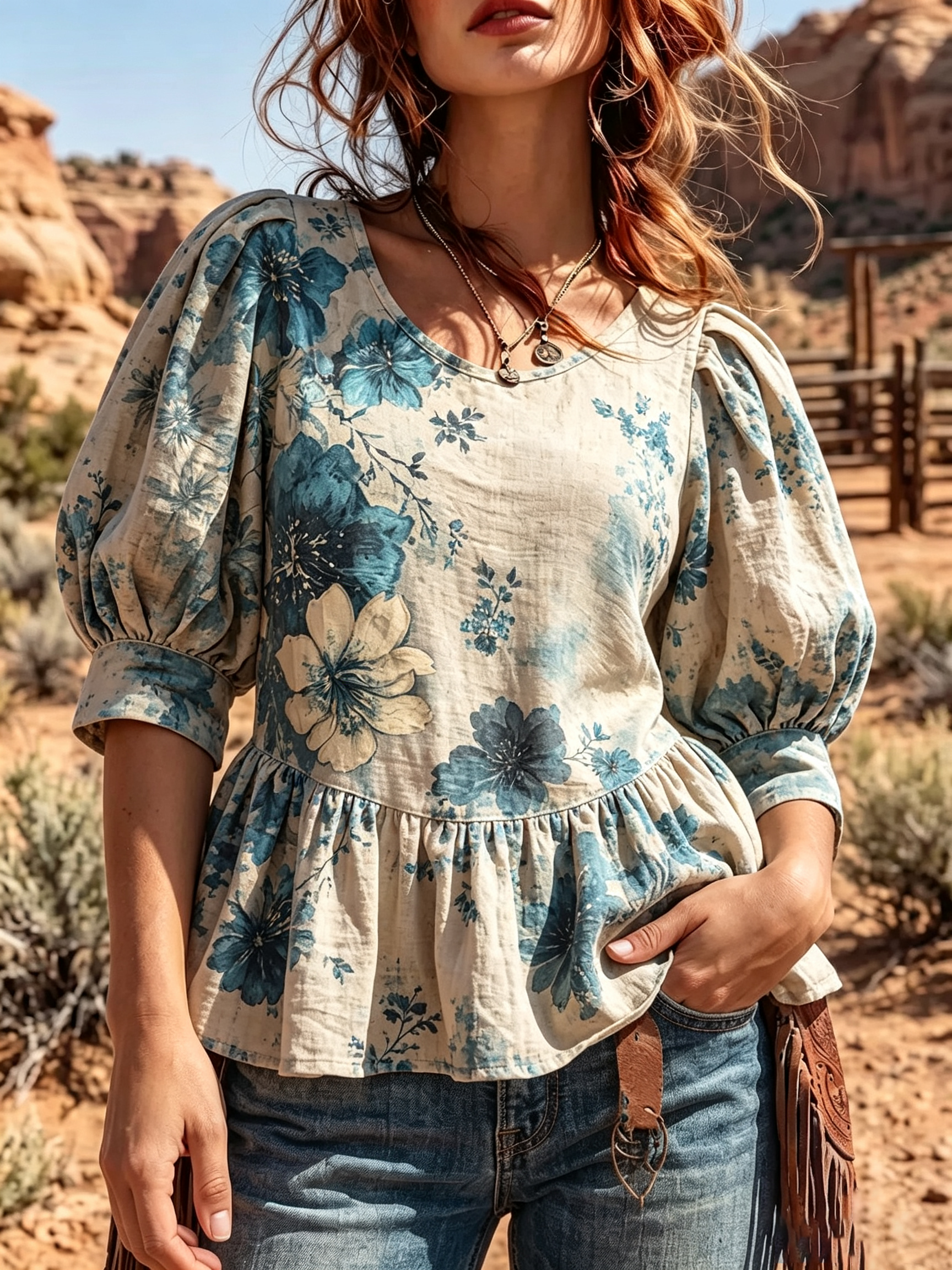 BeigeBlue Vintage Hibiscus Floral Print Puff Sleeve Peplum Blouse