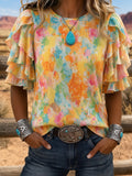 RainbowTieDye Double Ruffle Round Neck Short Sleeve Blouse