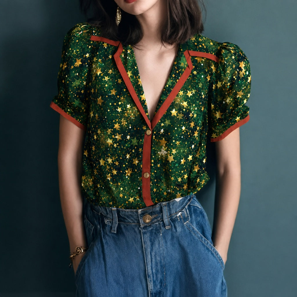 DarkGreen Gold Star Print Red Trim V-Neck Puff Sleeve Shirt