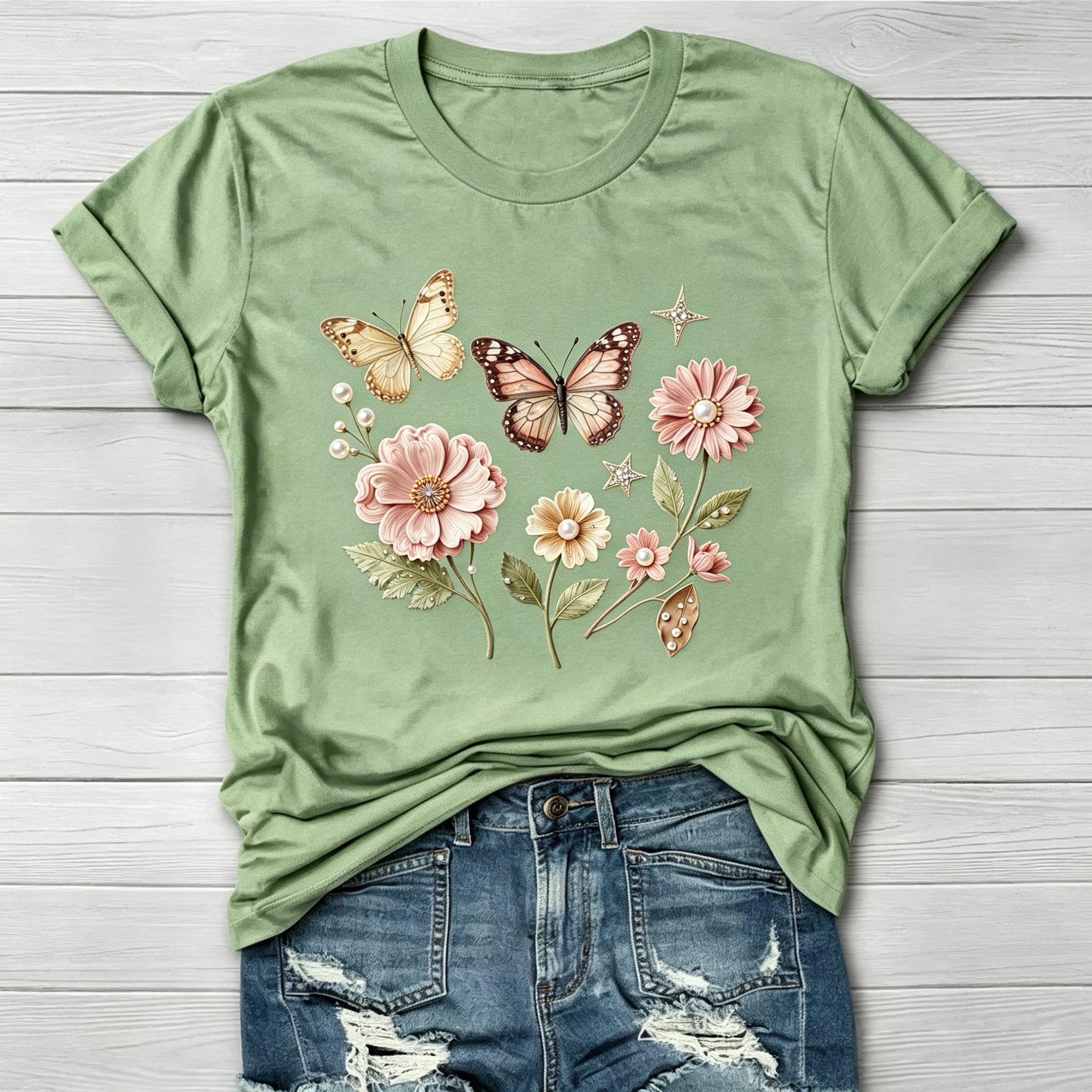 Floral Butterfly Graphic Crew Neck T-Shirt