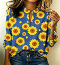Sunflower Print Split Neck Long Sleeve Blouse